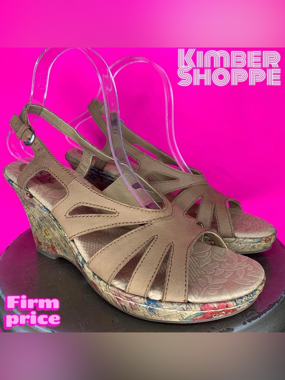 B.O.C. Tan Leather Floral Cork Wedge Slingback Sandal US 9 UK 7